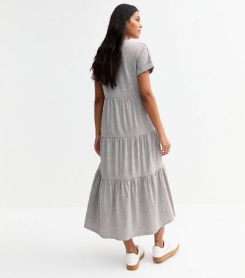 Grey Jersey Tiered Skirt Midi Smock Dress 4 Grey Jersey Tiered Skirt Midi Smock Dress
