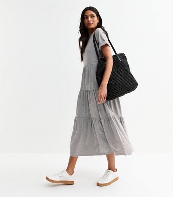 Grey Jersey Tiered Skirt Midi Smock Dress 5 Grey Jersey Tiered Skirt Midi Smock Dress
