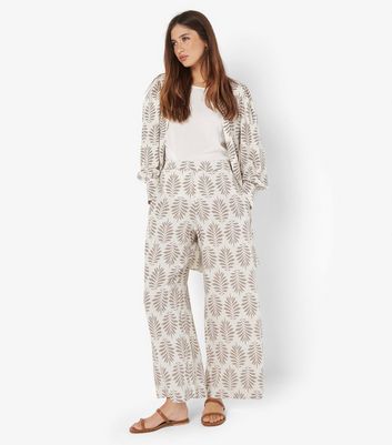 Apricot Stone Linen-Blend Leaf Print Wide Leg Trousers