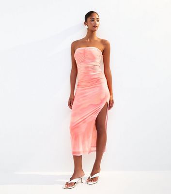 Pink Mesh Printed Side Slit Midi Dress