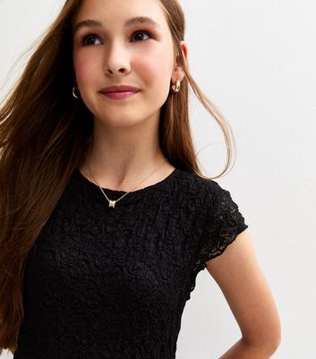 Girls Black Asymmetric Hem Lace Top