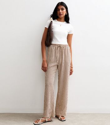 Brown Soft Touch Striped Wide Leg Trousers