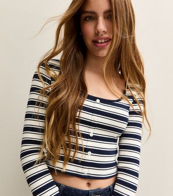 Girls Navy Blue Stripe Cropped Long Sleeve Top