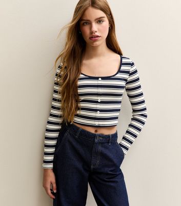 Girls Navy Blue Stripe Cropped Long Sleeve Top