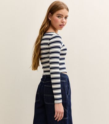 Girls Navy Blue Stripe Cropped Long Sleeve Top