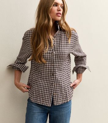 Brown Textured Checked Oversized Shirt