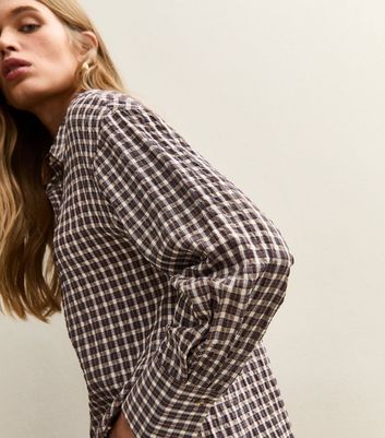 Brown Textured Checked Oversized Shirt