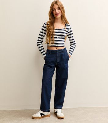 Dark Blue Baggy Mid Rise Jeans