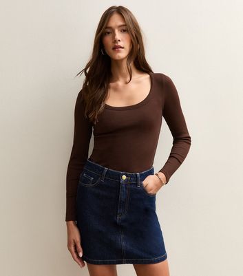 Brown Scoop Neck Long Sleeve Ribbed Top