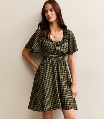 Green Checked Ruffle Trimmed Mini Dress