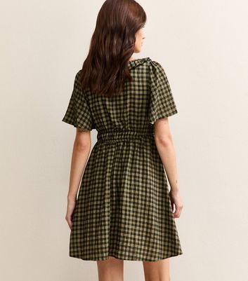 Green Checked Ruffle Trimmed Mini Dress